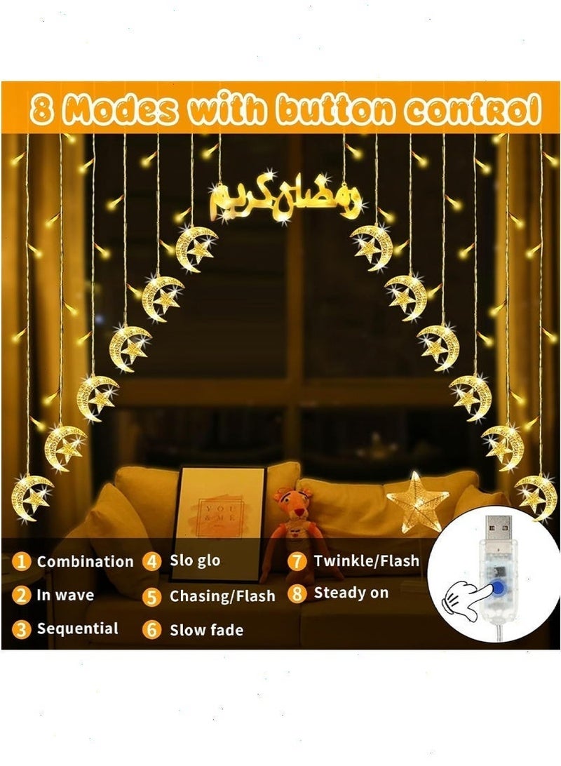 أضواء رمضان ، القمر ستار رمضان زينة أضواء ، 8 طرق الجنية ضوء شنقا زينة للمنزل غرفة نوم جدار شرفة نافذة - Image 3